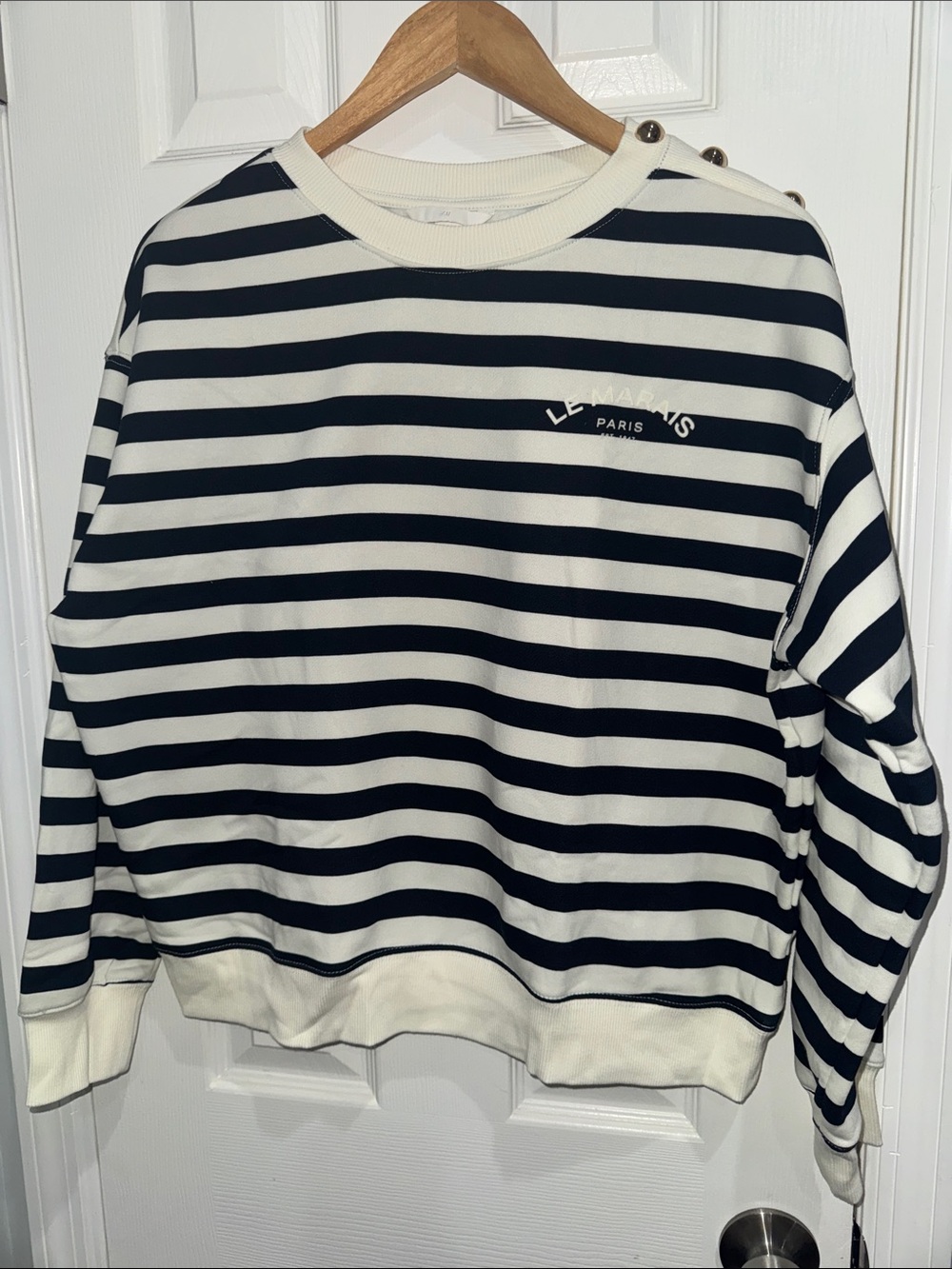 H&M Navy Blue & White Striped Crewneck Sweater with Shoulder Buttons